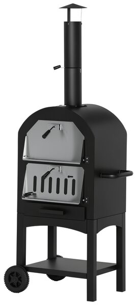 Outsunny Cuptor Portabil cu Cărbune pentru Pizza și Barbecue, Cuptor cu Lemne, Coș de Fum și Raft Inferior, 63x54x161 cm, Negru | Aosom Romania