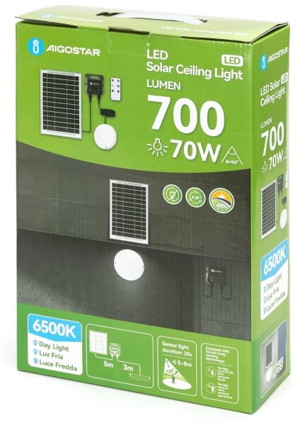 Aigostar - Plafonieră solară LED cu senzor, 3,7 V 6000 mAh, IP65 + telecomandă