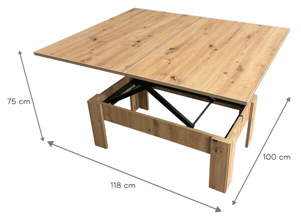 Masa Extensibila Transformer, Intaltime Reglabila, 7 nivele, Mobiref, 118 x 100 x 75 cm, PAL Stejar Artisan 18 mm