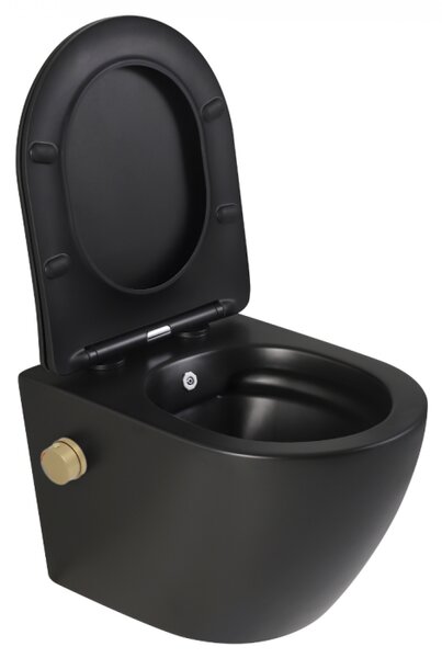 Set vas wc suspendat cu functie bideu si baterie inclusa auriu mat Foglia Oslo, rezervor wc incastrat si clapeta negru mat, Grohe