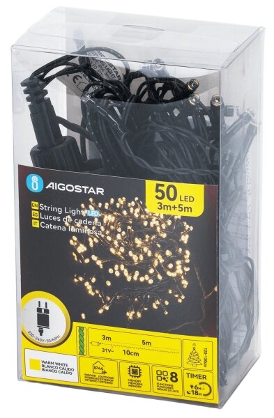 Aigostar - LED ghirlandă de Crăciun pentru exterior 50xLED/8 funcții, 8 m, IP44, alb cald