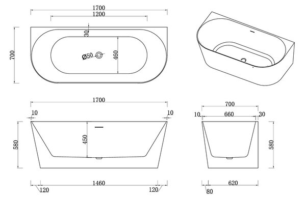 Erga Norah Slim, cadă de baie independentă lipită de perete 170x70 cm + dop de scurgere, alb lucios, ERG-NORAH-SLIM-170070-WH-WH