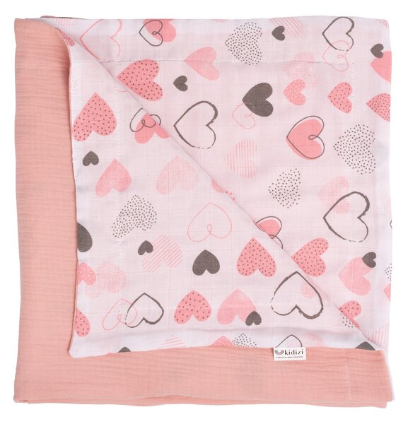 Paturica de vara din muselina dubla 110x75 cm Kidizi Pink Hearts, bumbac 100%