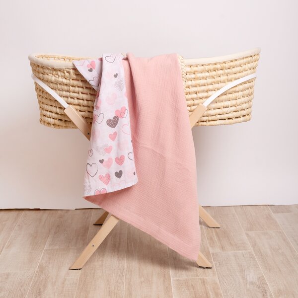 Lenjerie de vara din muselina pentru cosleeper Kidizi Pink Hearts, include cearceaf, perna si paturica cu doua fete, bumbac 100%