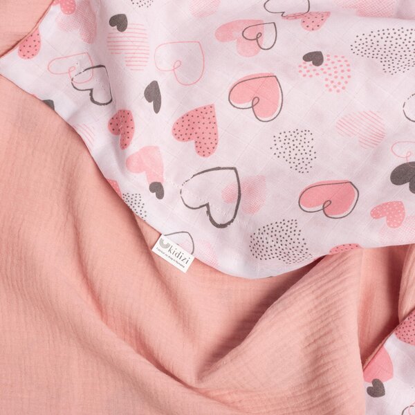 Lenjerie de vara din muselina pentru cosleeper Kidizi Pink Hearts, include cearceaf, perna si paturica cu doua fete, bumbac 100%
