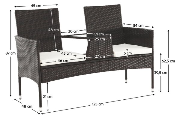 KONDELA Bancă de grădină cu măsuţă şi perne, maro/crem, LALIT