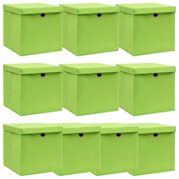 Cutii depozitare cu capace 10 buc. verde, 32x32x32 cm, textil