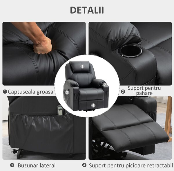 HOMCOM Scaun cu Ridicare Electrică, Masaj, Telecomandă și Buzunare Laterale pentru Vârstnici, din Piele PU, 88x92x106 cm, Negru | Aosom Romania