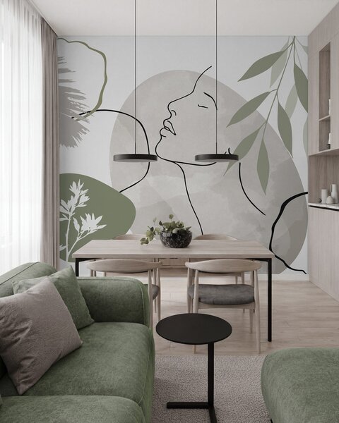 Tapet Abstracție cu vegetație și silueta unui chip, Imagini de fundal unice, w05776v1 : Uwalls.ro