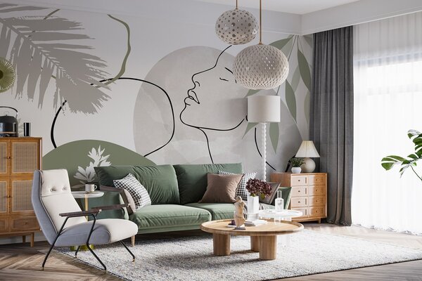 Tapet Abstracție cu vegetație și silueta unui chip, Imagini de fundal unice, w05776v1 : Uwalls.ro