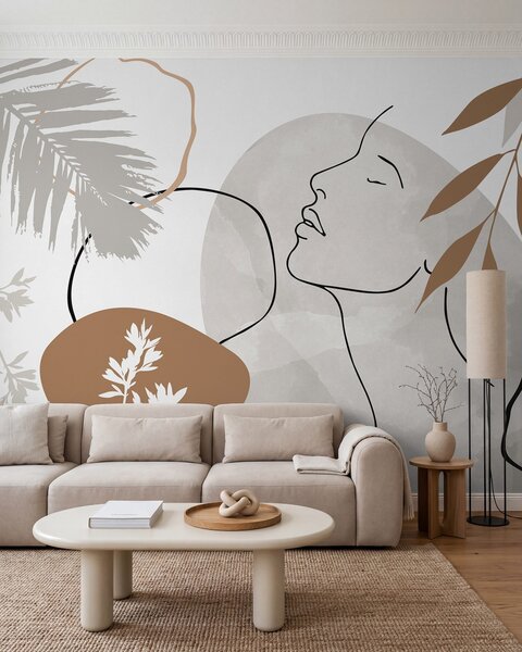 Tapet Abstracție cu vegetație și silueta unui chip, Imagini de fundal unice, w05776 : Uwalls.ro