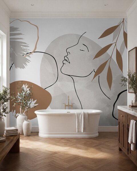 Tapet Abstracție cu vegetație și silueta unui chip, Imagini de fundal unice, w05776 : Uwalls.ro