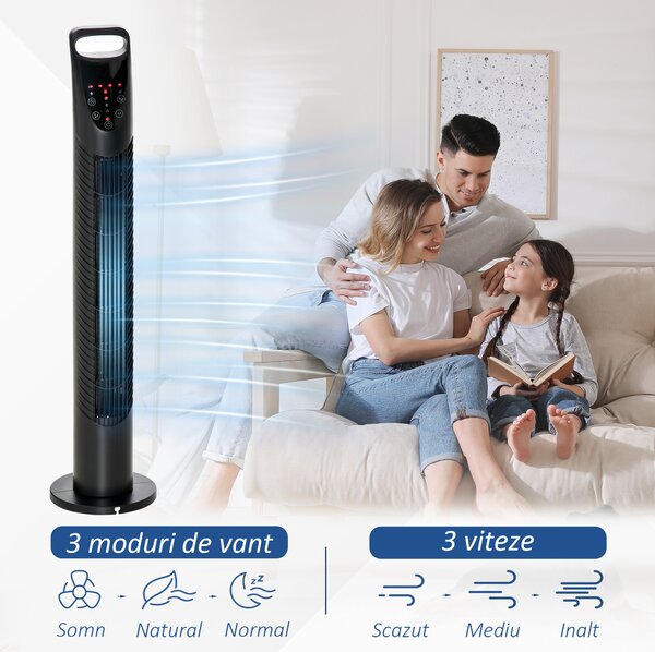 HOMCOM Ventilator Oscilant cu Telecomandă, 3 Nivele Viteză, Reglabil, Design Modern, Ф18x78.5cm, Negru | Aosom Romania