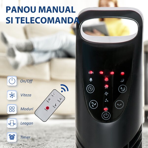 HOMCOM Ventilator Oscilant cu Telecomandă, 3 Nivele Viteză, Reglabil, Design Modern, Ф18x78.5cm, Negru | Aosom Romania