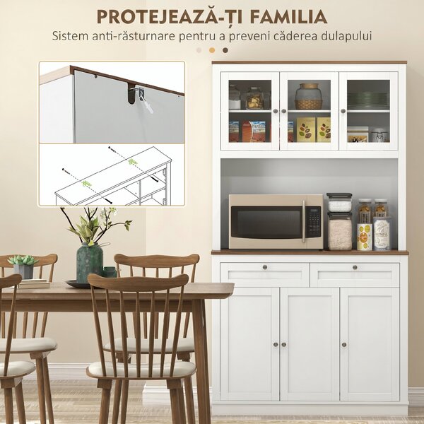HOMCOM bufetieră înaltă de bucătărie cu 4 dulapuri, 2 sertare și blat central, 100x40x180 cm, alb | Aosom Romania