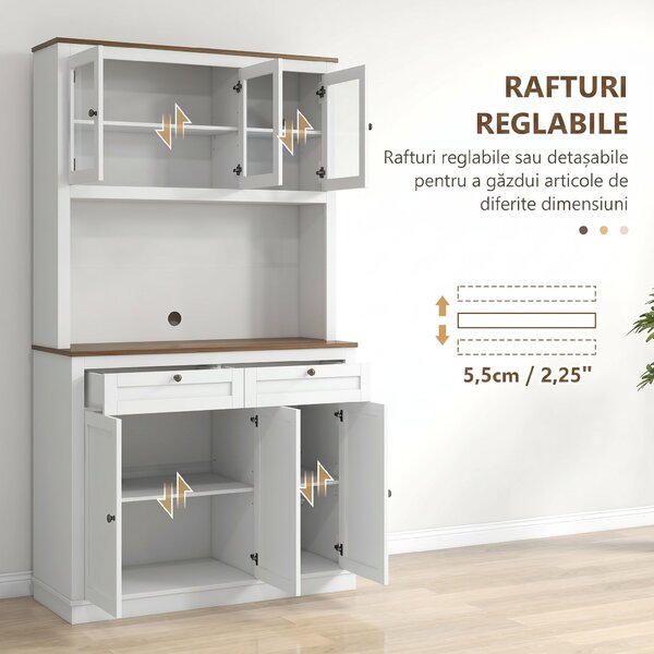 HOMCOM bufetieră înaltă de bucătărie cu 4 dulapuri, 2 sertare și blat central, 100x40x180 cm, alb | Aosom Romania