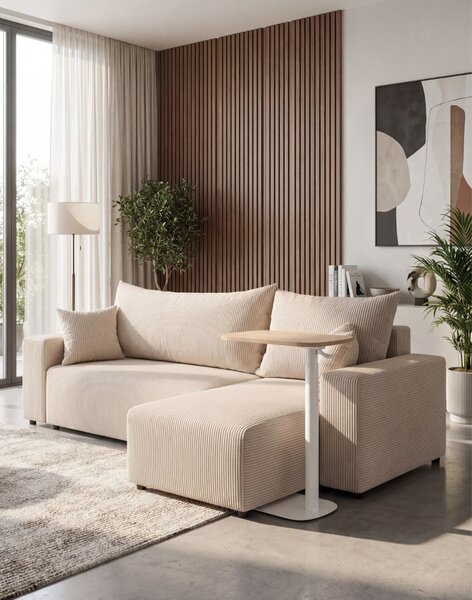 Set: canapea de colț extensibilă Sora L (242 cm) + măsuță auxiliară cu înălțime reglabilă Alto HM
