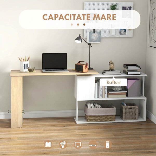 HOMCOM Birou de colț cu blat rotativ 360° și 5 rafturi, 120x110x74,5 cm, culoare lemn, alb | Aosom Romania