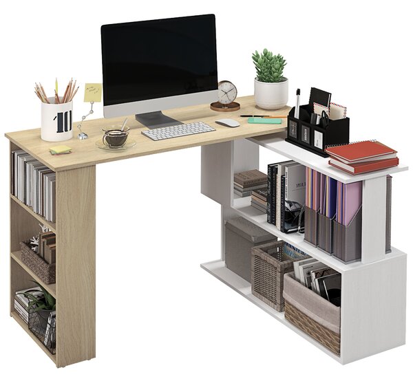 HOMCOM Birou de colț cu blat rotativ 360° și 5 rafturi, 120x110x74,5 cm, culoare lemn, alb | Aosom Romania