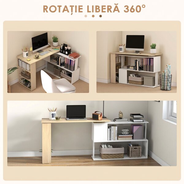 HOMCOM Birou de colț cu blat rotativ 360° și 5 rafturi, 120x110x74,5 cm, culoare lemn, alb | Aosom Romania