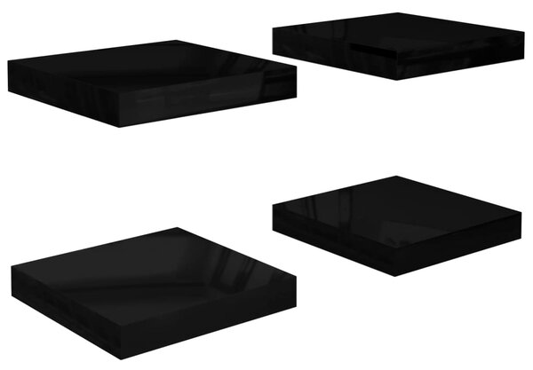 Rafturi de perete 4 buc. negru extralucios 23x23,5x3,8 cm, MDF