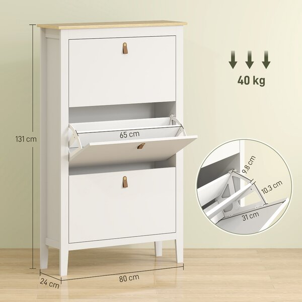 HOMCOM Pantofar Slim cu 3 sertare, pentru 21 perechi de încălțăminte, mărimea EU44 și rafturi reglabile, 80x24x131 cm, alb | Aosom Romania