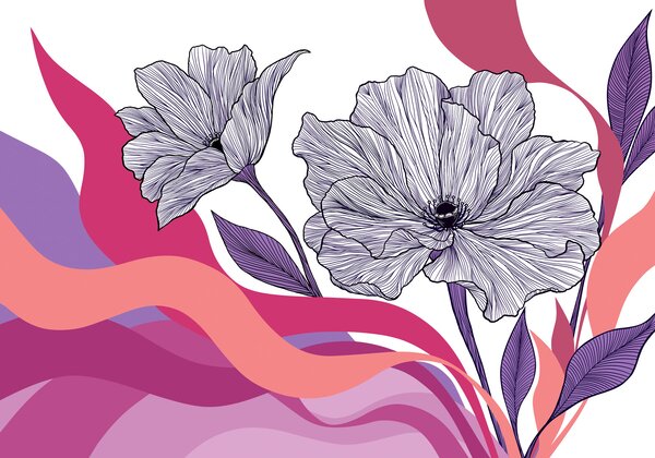 Fototapet Desen cu flori și valuri roz și violet, Fototapet flori, Fototapet populare, t01038v1 - Tapeko.ro