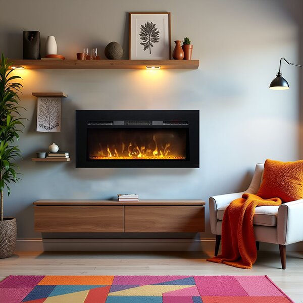 Semineu electric 3D ElectricSun PAULA GLASS negru XS, pe perete, podea sau incorporabil, cu sunet, 10 culori, Wi-Fi cu APP internet, L102xH45cm