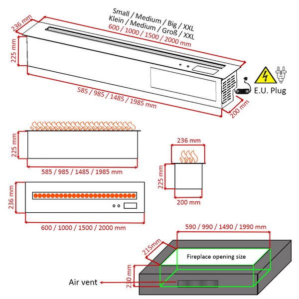 Focar semineu electric 3D cu vapori de apa incorporabil, Led, cu sunet, 8 culori, Wi-Fi cu APP internet, ElectricSun MISTique XXL 200cm