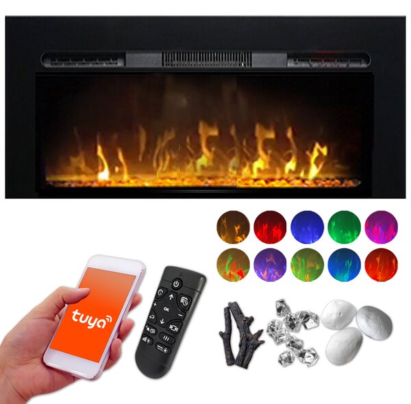 Semineu electric 3D ElectricSun PAULA GLASS negru XS, pe perete, podea sau incorporabil, cu sunet, 10 culori, Wi-Fi cu APP internet, L102xH45cm
