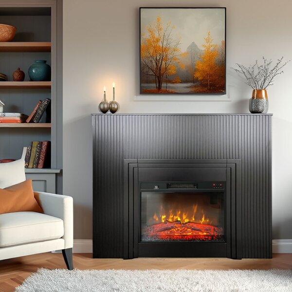 Semineu electric 3D cu riflaje ElectricSun LAMELIA negru mat, cu sunet, 3 culori, Wi-Fi cu APP internet, L120xH102cm