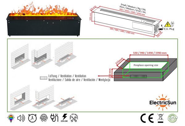 Focar semineu electric 3D cu vapori de apa incorporabil, Led, cu sunet, 8 culori, Wi-Fi cu APP internet, ElectricSun MISTique XXL 200cm