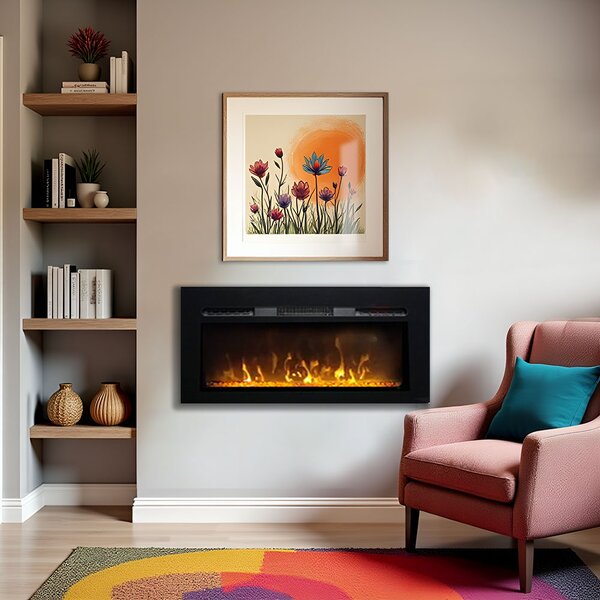Semineu electric 3D ElectricSun PAULA GLASS negru XS, pe perete, podea sau incorporabil, cu sunet, 10 culori, Wi-Fi cu APP internet, L102xH45cm