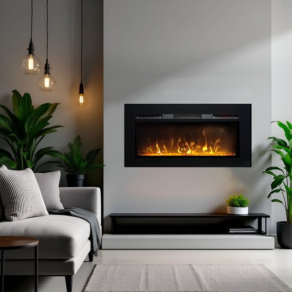 Semineu electric 3D ElectricSun PAULA GLASS negru XS, pe perete, podea sau incorporabil, cu sunet, 10 culori, Wi-Fi cu APP internet, L102xH45cm