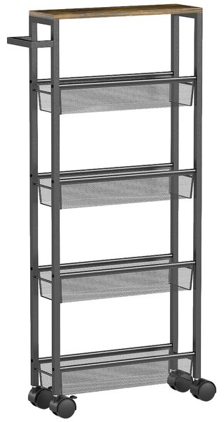 HOMCOM Cărucior de bucătărie cu 4 roți, cărucior de depozitare cu roți, blat cu aspect de lemn, structură metalică, 47x13x96,5 cm, negru | Aosom Romania