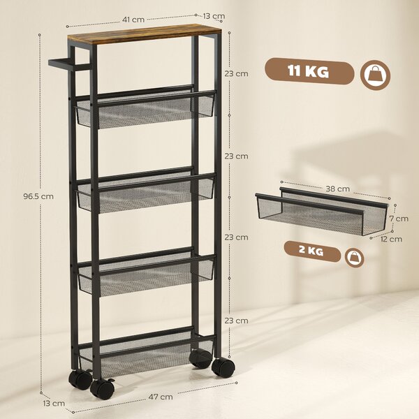 HOMCOM Cărucior de bucătărie cu 4 roți, cărucior de depozitare cu roți, blat cu aspect de lemn, structură metalică, 47x13x96,5 cm, negru | Aosom Romania