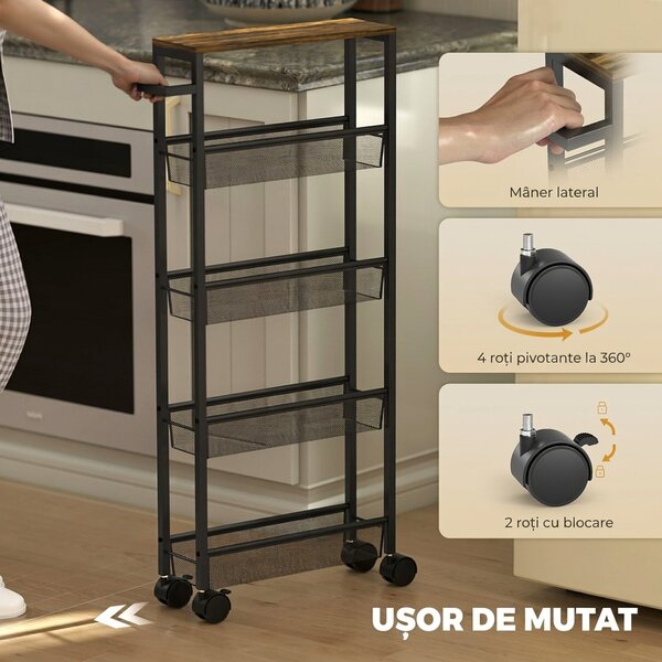 HOMCOM Cărucior de bucătărie cu 4 roți, cărucior de depozitare cu roți, blat cu aspect de lemn, structură metalică, 47x13x96,5 cm, negru | Aosom Romania