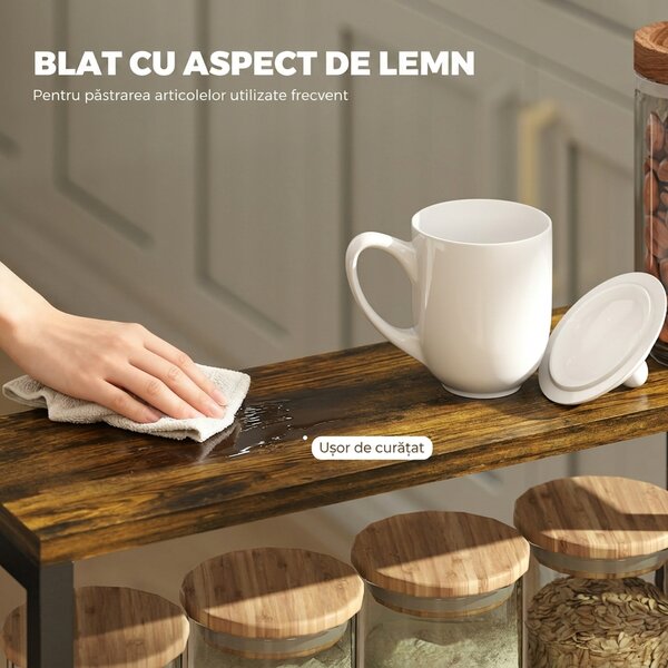 HOMCOM Cărucior de bucătărie cu 4 roți, cărucior de depozitare cu roți, blat cu aspect de lemn, structură metalică, 47x13x96,5 cm, negru | Aosom Romania