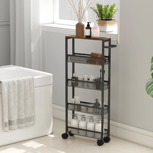 HOMCOM Cărucior de bucătărie cu 4 roți, cărucior de depozitare cu roți, blat cu aspect de lemn, structură metalică, 47x13x96,5 cm, negru | Aosom Romania