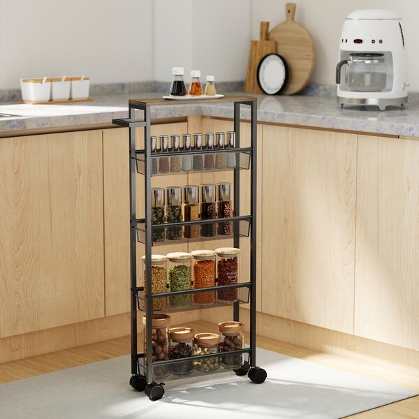 HOMCOM Cărucior de bucătărie cu 4 roți, cărucior de depozitare cu roți, blat cu aspect de lemn, structură metalică, 47x13x96,5 cm, negru | Aosom Romania