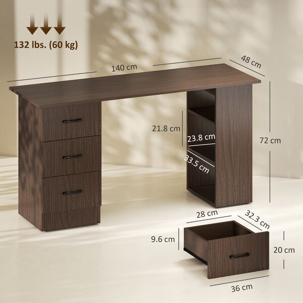 HOMCOM Birou modern cu 3 sertare și 3 rafturi pentru dormitor și birou, din lemn, 120x49x72 cm, nuc | Aosom Romania
