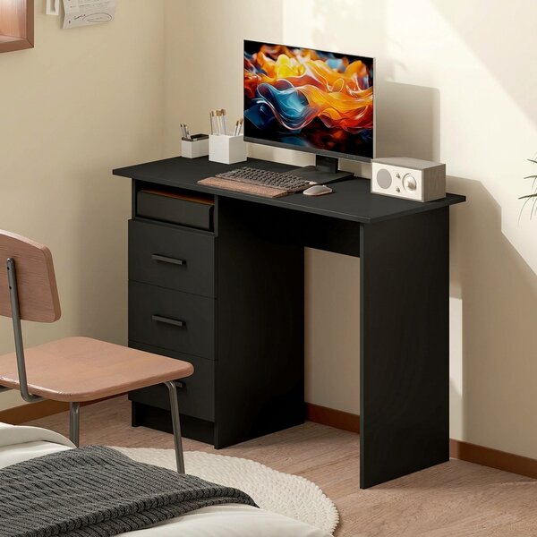 HOMCOM Birou Modern din Lemn cu 3 Sertare și Raft Deschis, 100x40x75 cm, Negru și Maro | Aosom Romania