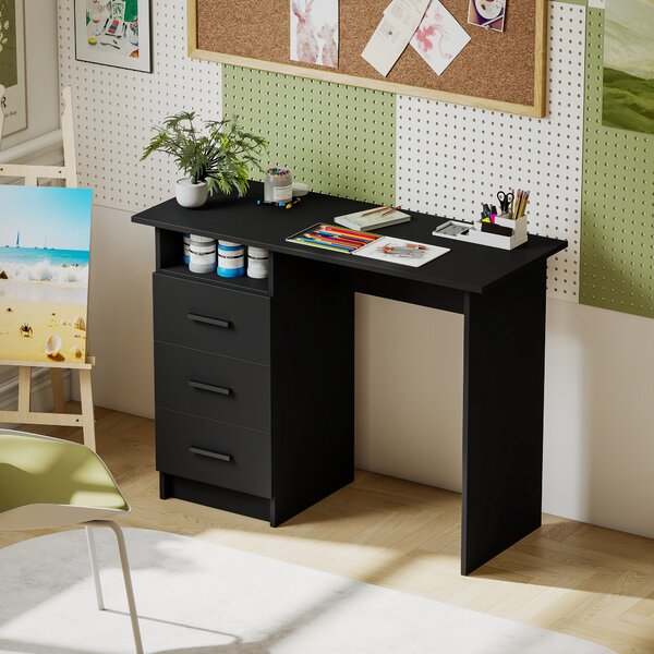 HOMCOM Birou Modern din Lemn cu 3 Sertare și Raft Deschis, 100x40x75 cm, Negru și Maro | Aosom Romania