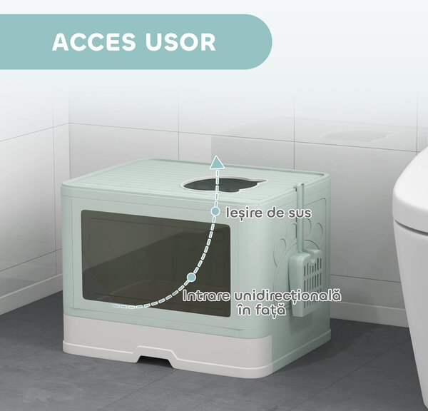 PawHut Litieră de nisip pentru pisici cu Capac, Intrare Dublă, Sertar, Lopățică, Verde | Aosom Romania