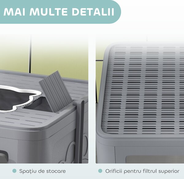 PawHut Litieră pentru Pisici cu Capac Intrare Dublă, Sertar, Lopată Gri | Aosom Romania