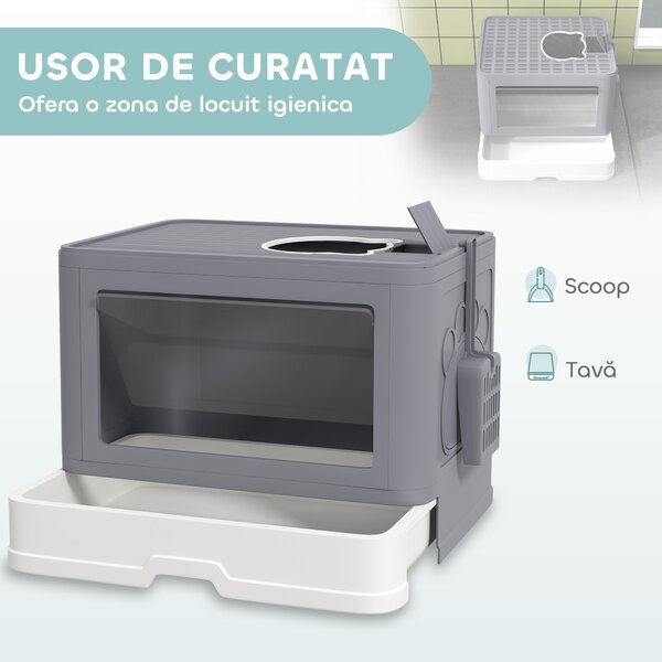 PawHut Litieră pentru Pisici cu Capac Intrare Dublă, Sertar, Lopată Gri | Aosom Romania