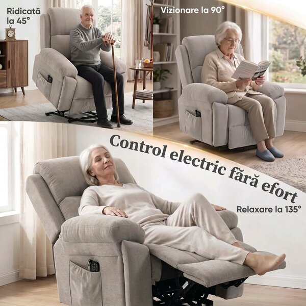 HOMCOM Fotoliu recliner electric cu ridicare, încălzire și masaj în 8 puncte, din chenille, 2 telecomenzi, bej | Aosom Romania
