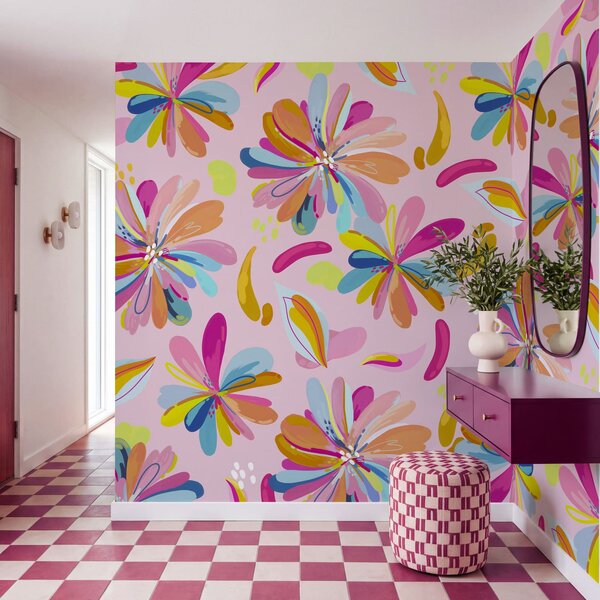 Fototapet Flori colorate pe un fundal roz, Fototapet flori, Fototapet populare - Tapeko.ro