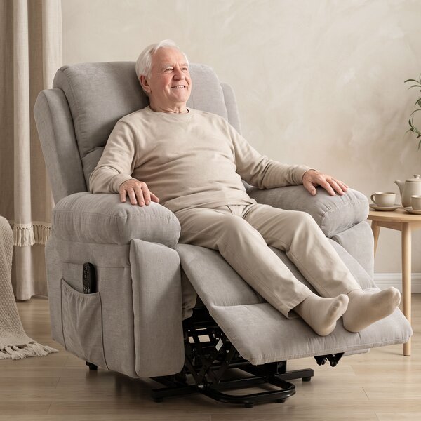 HOMCOM Fotoliu recliner electric cu ridicare, încălzire și masaj în 8 puncte, din chenille, 2 telecomenzi, bej | Aosom Romania