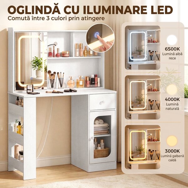 HOMCOM Masă de Toaletă cu Oglindă Glisantă, Lumini LED și Sertar, Alb | Aosom Romania